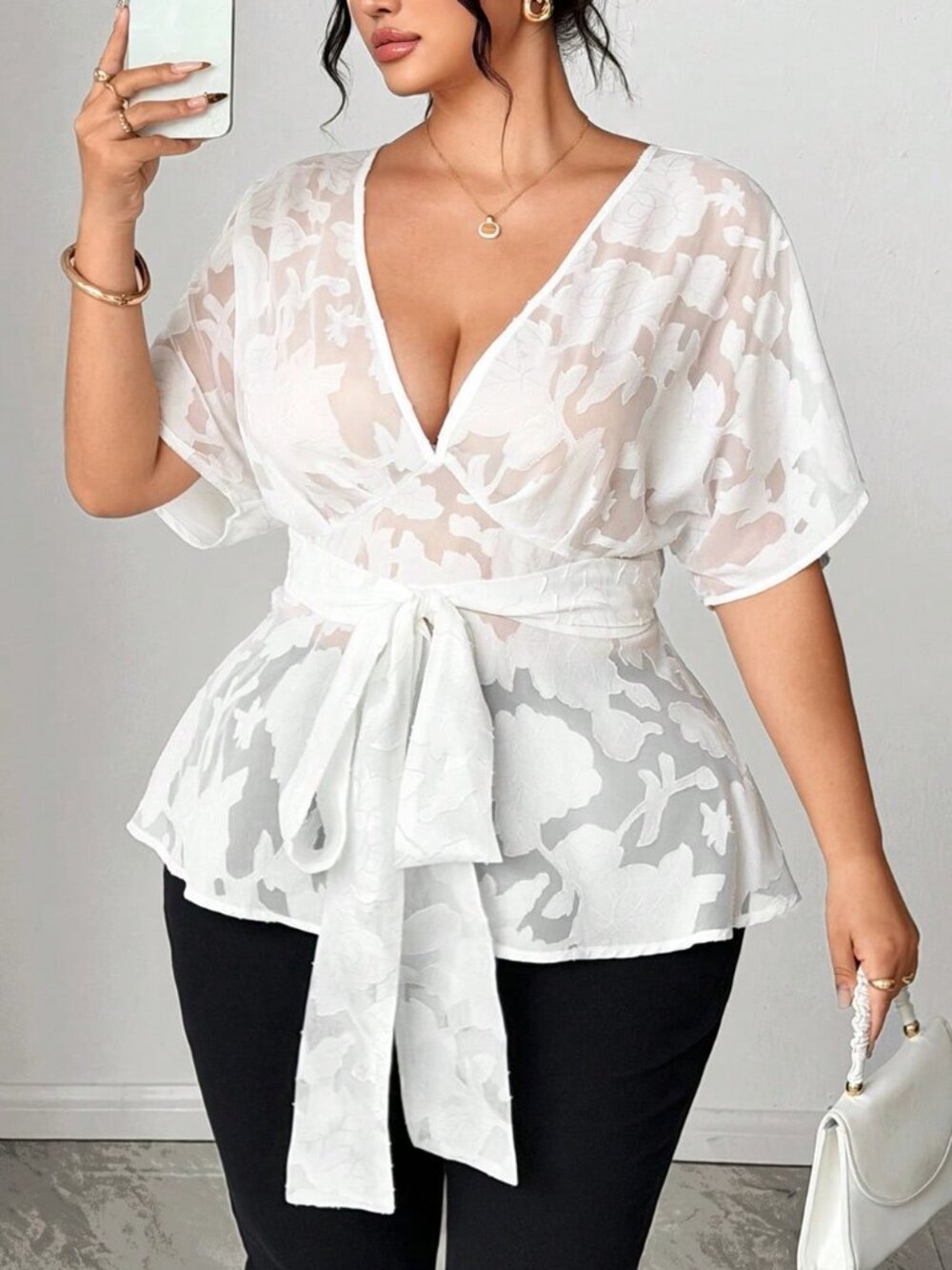 White Sexy Women's Plus Size Elegant V-Neck Ruffle Hem Short Sleeve Top